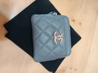 Chanel Quilted Caviar Crystal CC Zipped Coin Purse Dark Grey Diamond Quilted Multicolored Crystal Embellished CC Logo Microchipped