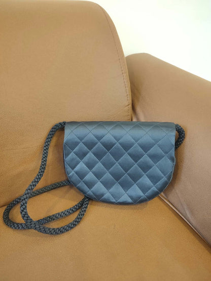 Chanel Quilted Satin Halfmoon Rhinestone Vintage Bag Black Series 0