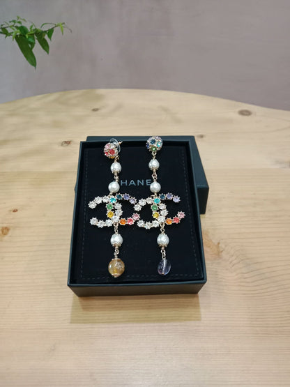 Chanel Rainbow Crystal CC Drop Earrings