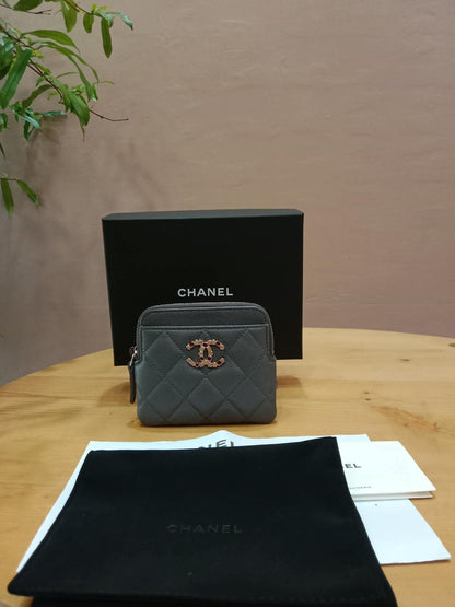 Chanel Quilted Caviar Crystal CC Zipped Coin Purse Dark Grey Diamond Quilted Multicolored Crystal Embellished CC Logo Microchipped