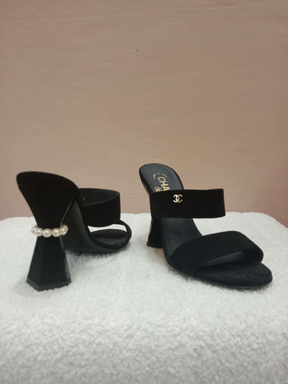 Chanel Pearl Heel Mules Black Suede with Pearl Embedded Heels Size 36