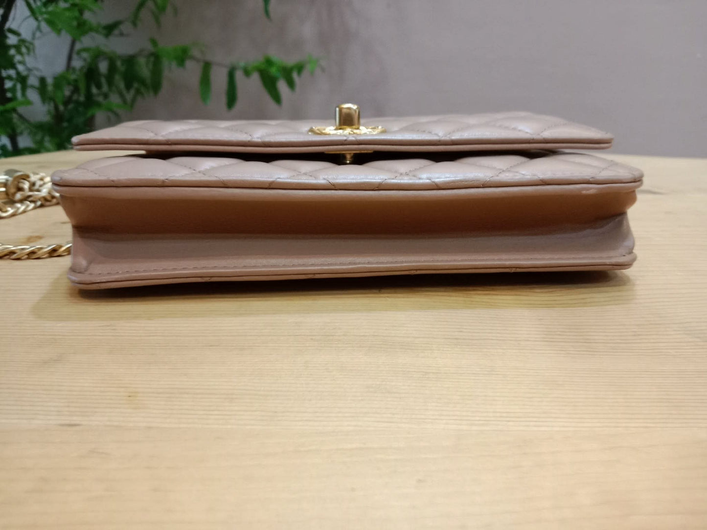 Chanel Quilted Wallet On Chain Lambskin Beige Microchipped