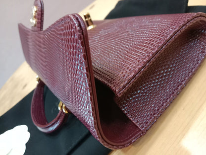 Chanel Tophandle Lizard Embossed Calfskin Clutch Dar Burgundy Microchipped