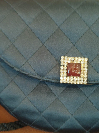 Chanel Quilted Satin Halfmoon Rhinestone Vintage Bag Black Series 0