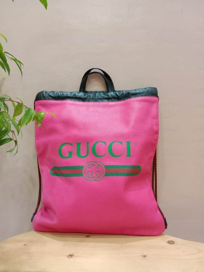 Gucci Printed Drawstring Backpack Grained Leather Pink/Black