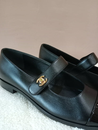 Chanel Mary Jane CC Clasp Flats Black Size 36.5