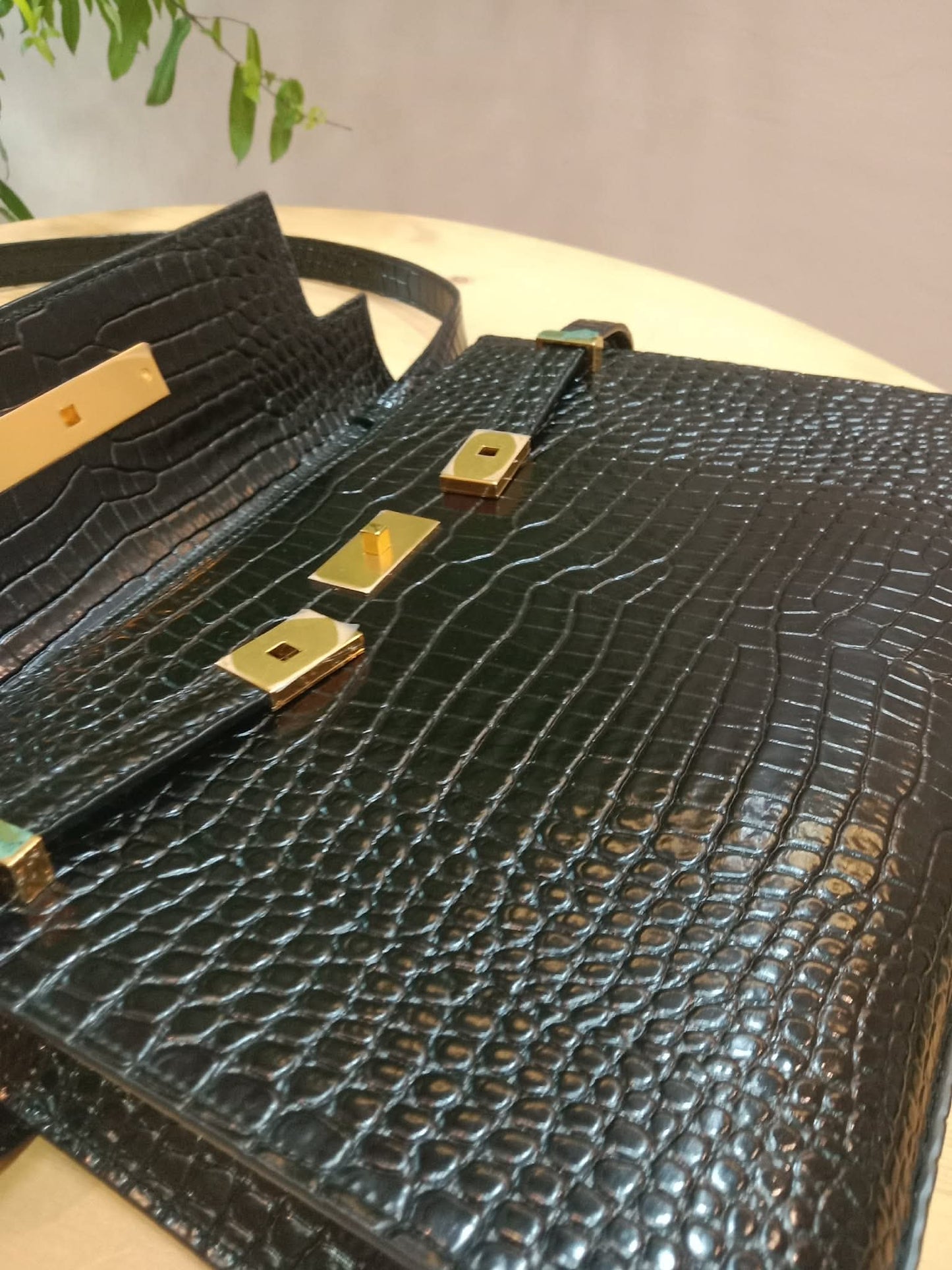 Saint Laurent Manhattan Crocodile Embossed Leather Black