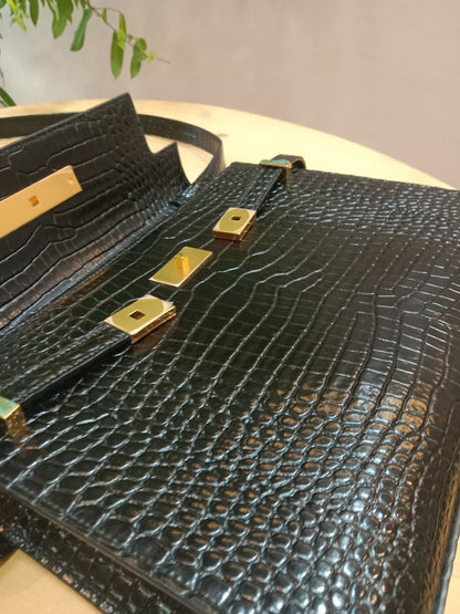 Saint Laurent Manhattan Crocodile Embossed Leather Black