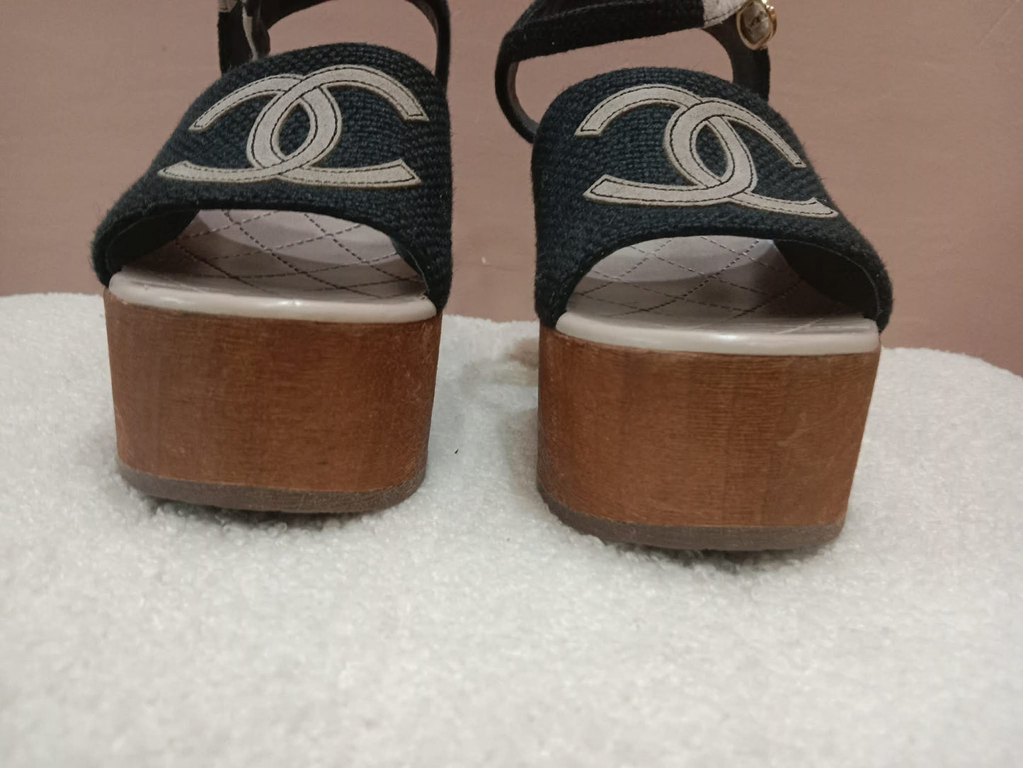 Chanel Wedge Sandals Black Canvas Embroidered Interlocking CC Logo Size 36