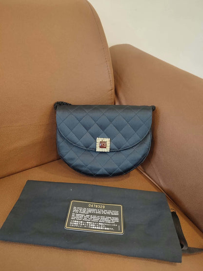 Chanel Quilted Satin Halfmoon Rhinestone Vintage Bag Black Series 0