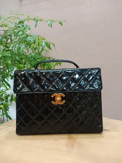 Chanel Vintage Briefcase Quilted Patent Black