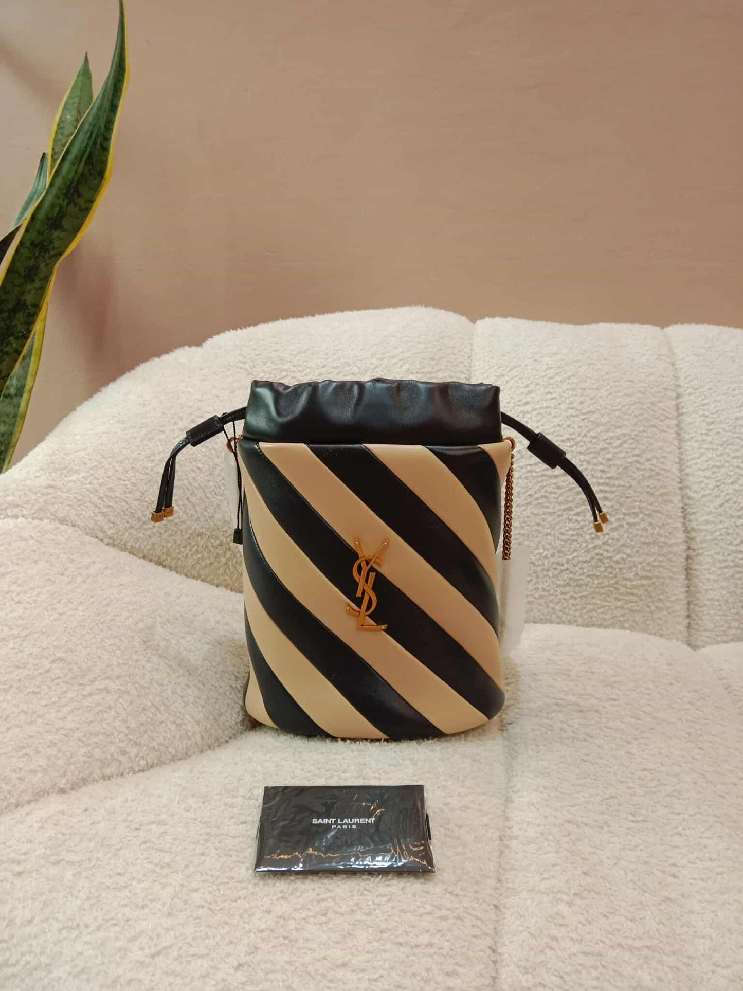 Saint Laurent Alix Stripes Quilted Leather Bucket Bag Bicolor Beige/Black