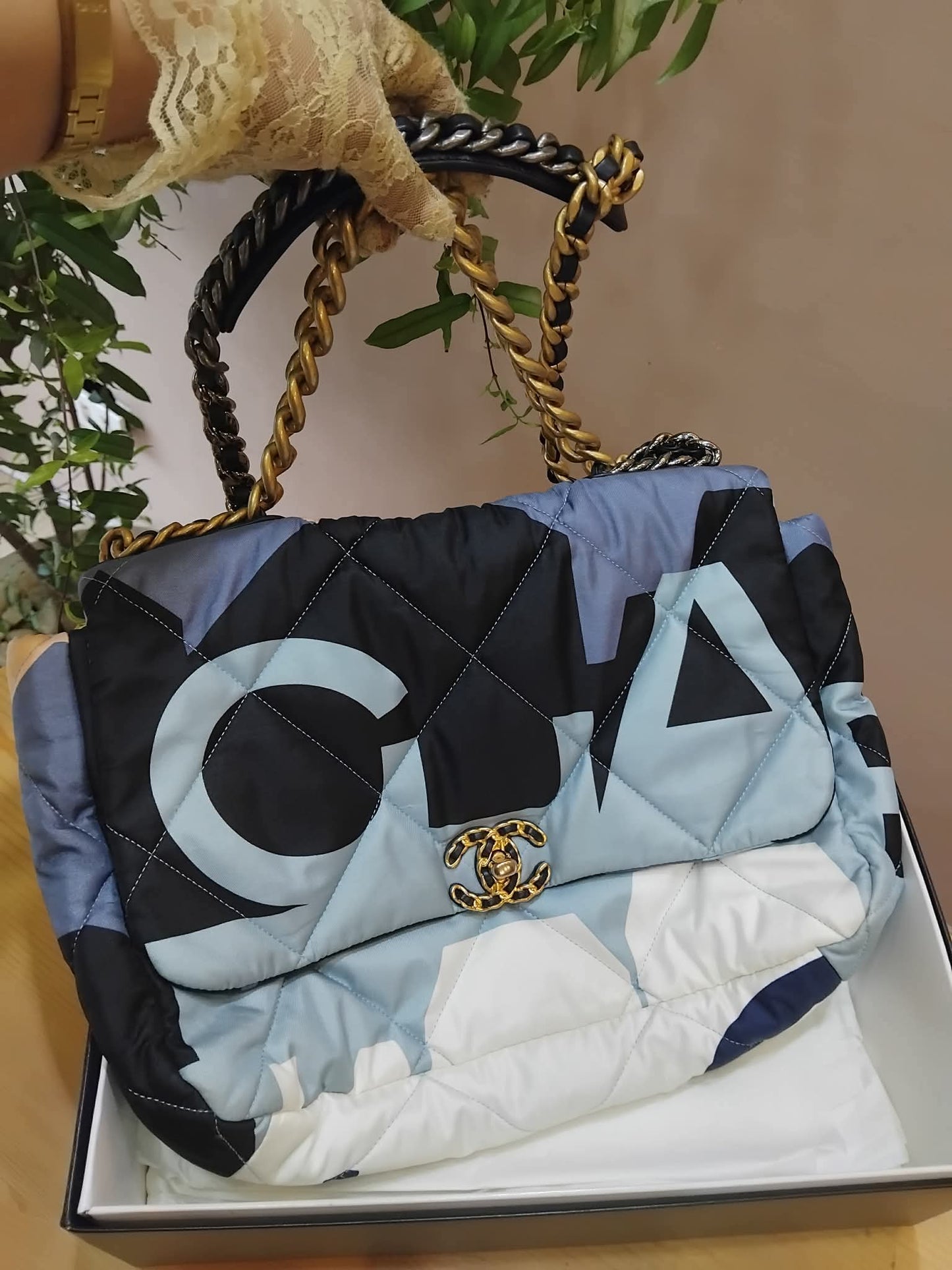 Chanel 19 Printed Silk Blue-Toned Quilted Maxi Flap Bag Series 30