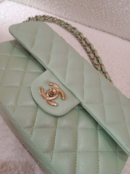 Chanel 24C Timeless Classic Double Flap Caviar Green Caviar Microchipped