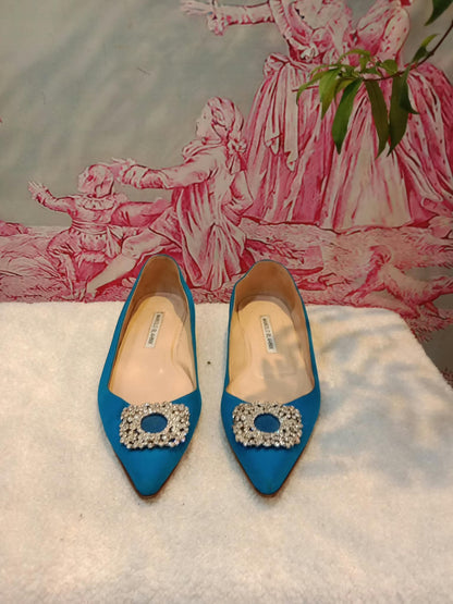 Manolo Blahnik Blue Satin Jewel Buckle Flat Pumps Size 37