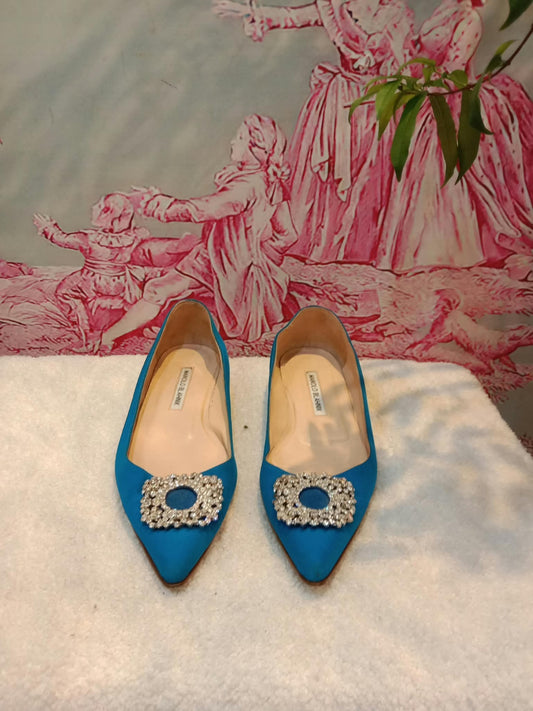 Manolo Blahnik Blue Satin Jewel Buckle Flat Pumps Size 37