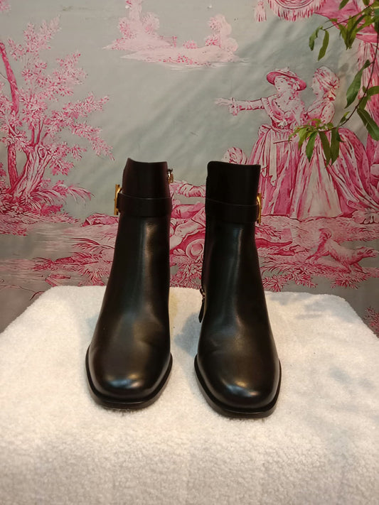 Hermes Jill 60 Ankle Boots Black Calfskin Aged Golden "Glenan" Nautical-Style Buckle Size 38.5