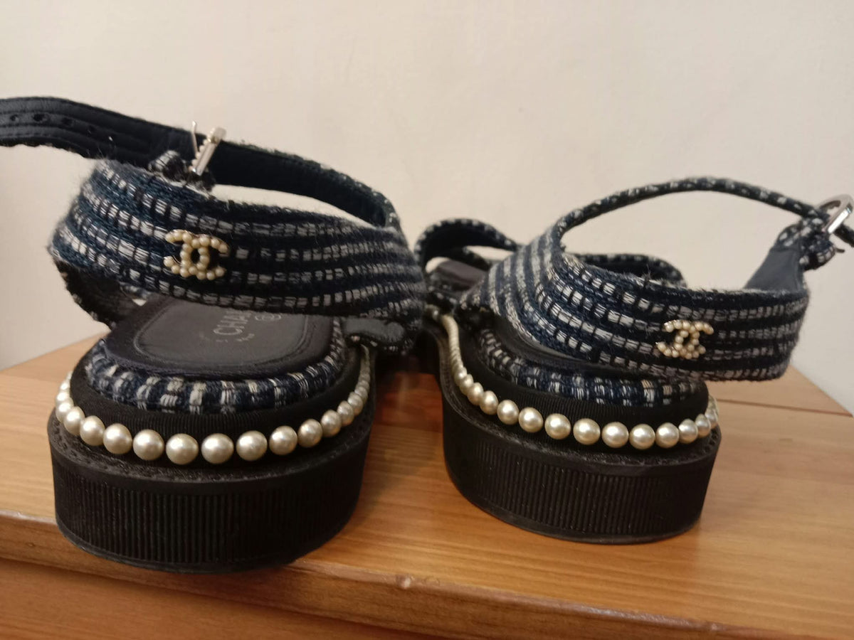 Chanel Navy Tweed Faux Pearl Trimmed Sandals Size 37