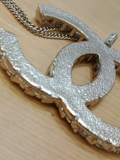 Chanel Crystal CC Pendant Crystal Necklace Silver