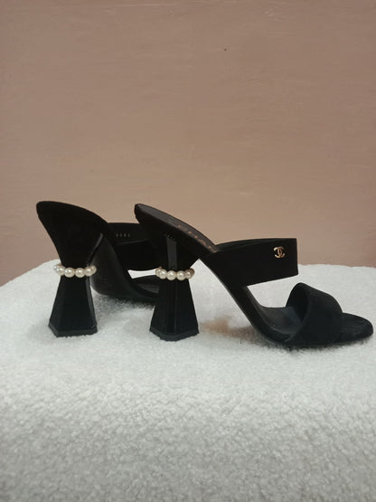 Chanel Pearl Heel Mules Black Suede with Pearl Embedded Heels Size 36