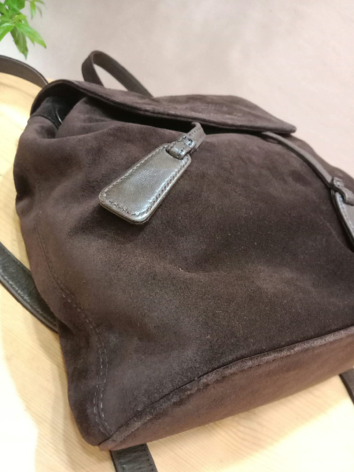 Chanel Vintage Karl Lagerfeld Dark Brown Suede Backpack featuring stitched CC Logo Flap Series 5