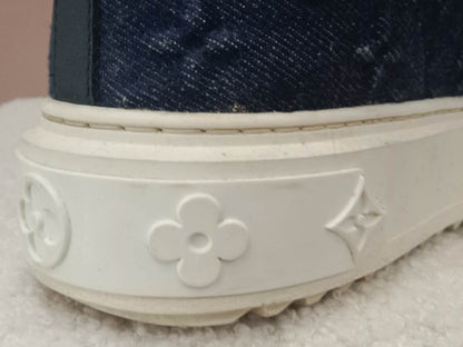 Louis Vuitton Time Out Sneakers Dark Blue Denim Monogram Embossed Pattern Size 37.5