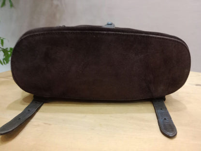 Chanel Vintage Karl Lagerfeld Dark Brown Suede Backpack featuring stitched CC Logo Flap Series 5