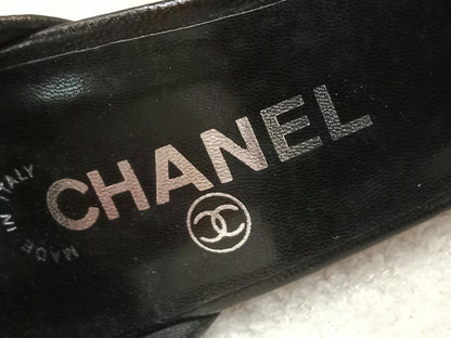 Chanel Black Leather Heels Knotted Toe Design and Draped Ankle Cuff Black Size 38
