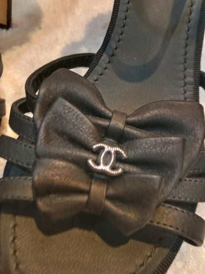 Chanel Ankle-Strap Tiered Bow CC Logo Sandals Black Size 37 1/2