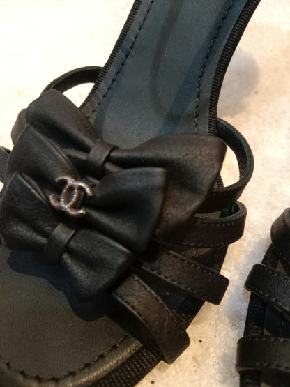 Chanel Ankle-Strap Tiered Bow CC Logo Sandals Black Size 37 1/2