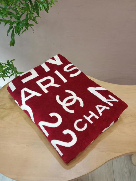 Chanel By Sea Line Cotton Blanket featuring Large printed Leather
