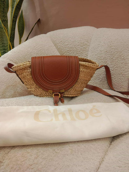 Chloe Marcie Leather Trimmed Raffia Basket Bag Tan