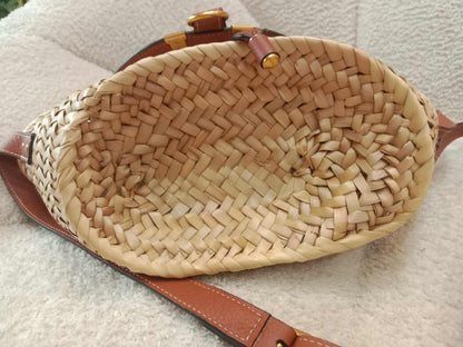 Chloe Marcie Leather Trimmed Raffia Basket Bag Tan
