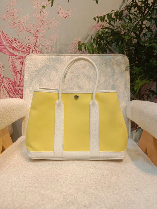 Hermes Garden Party 30 Yellow/White Canvas/Leather Stamp R Square 2014
