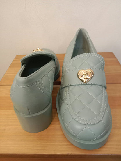 Chanel Quilted Chunky-Heeled Loafers Lambskin Light Teal Size 36.5