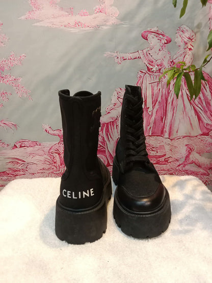 Celine Bulky Laced Up Boots Nylon/Shiny Bull Black Size 37.5
