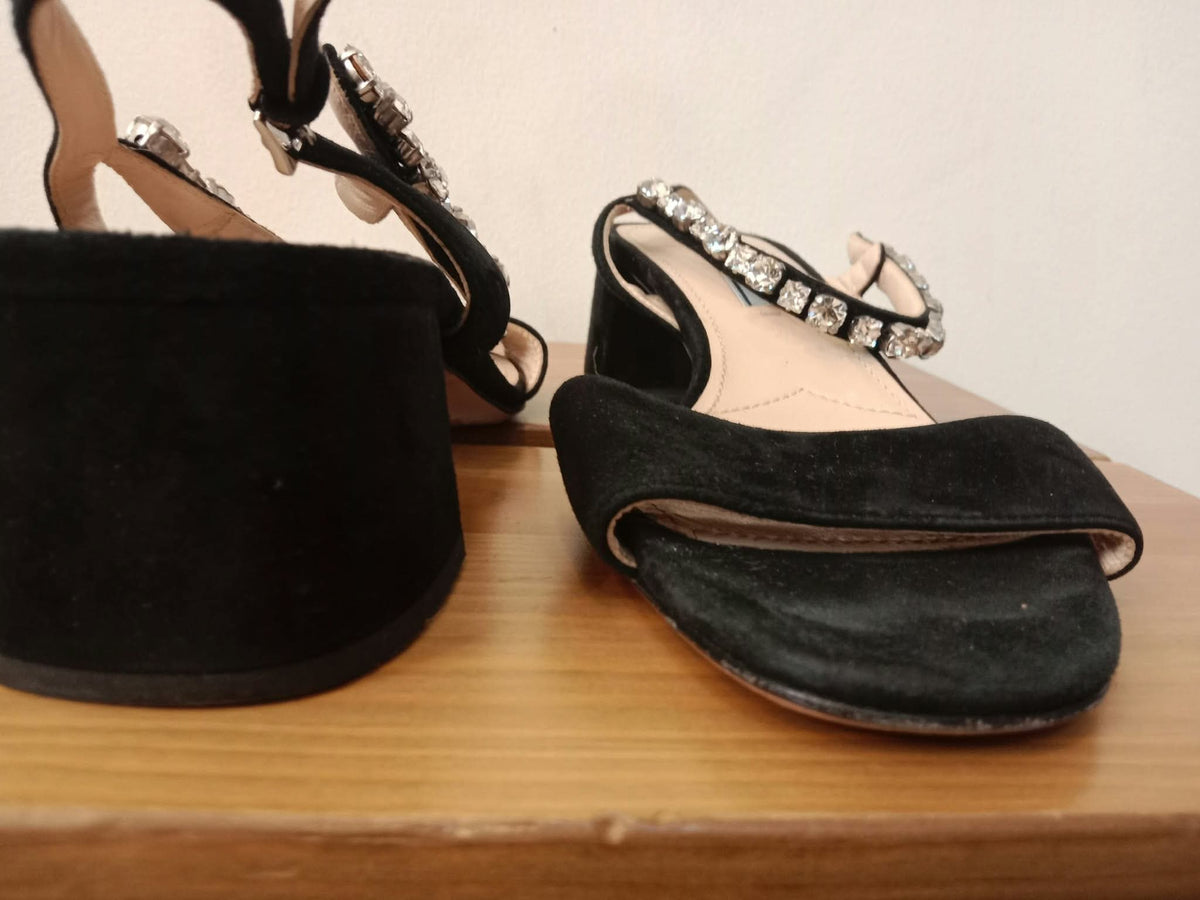Prada Black Satin Crystal-Embellished Sandals Size 37