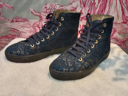 Chanel Navy Blue Floral Lace-Embossed Fabric Hih Top Sneakers Size 37 1/2