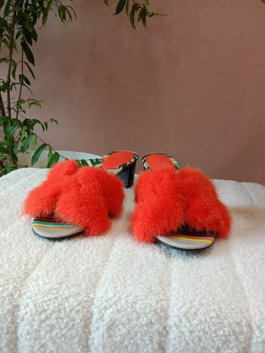 Hermes Oran Sandals Orange Mink Fur Trim Multicolored Printed Sole Limited Edition Size 8