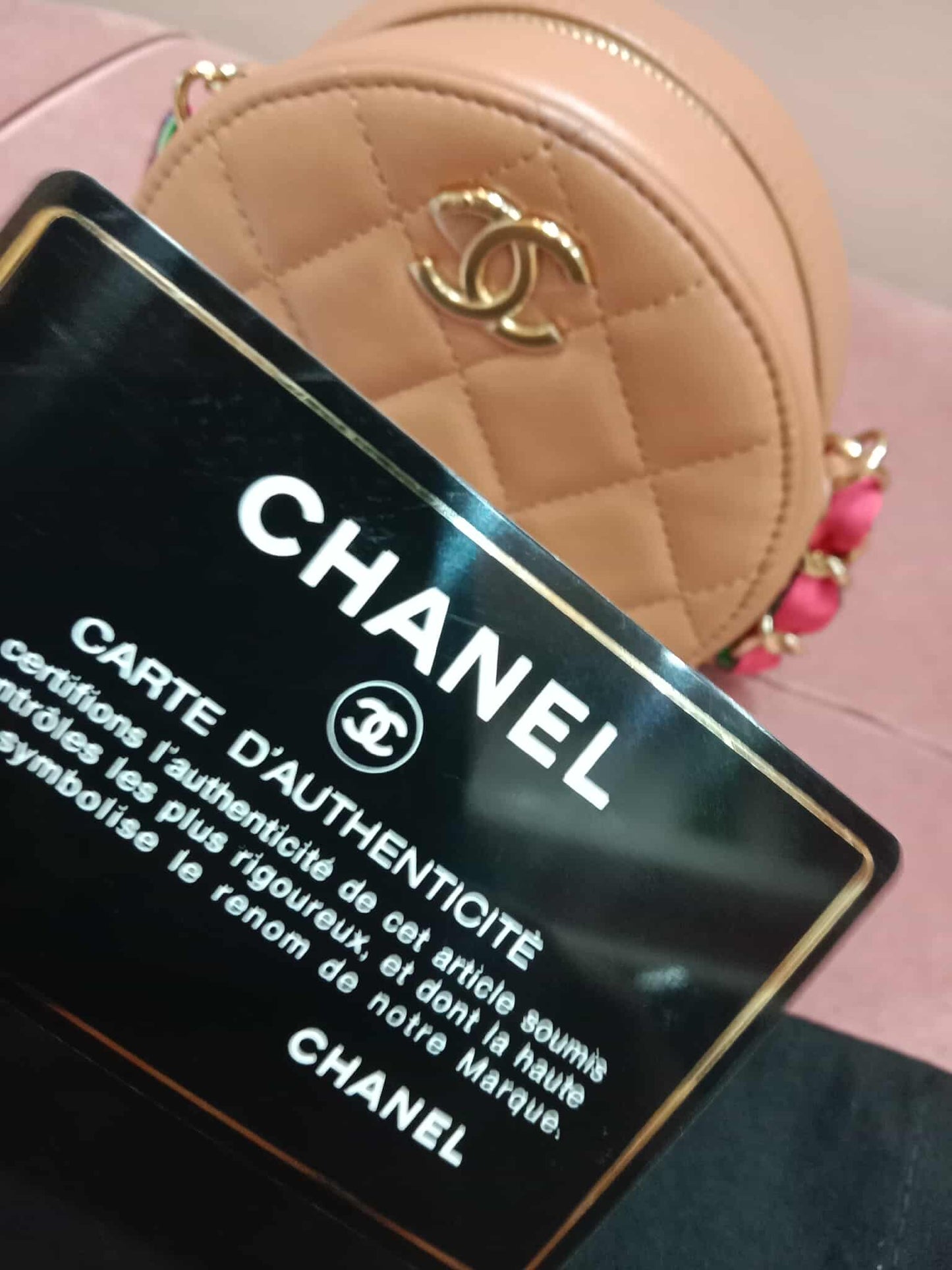 Chanel 21P Round Clutch Lambskin with Multicolor Ribbon-Woven Chain Strap Caramel Series 30