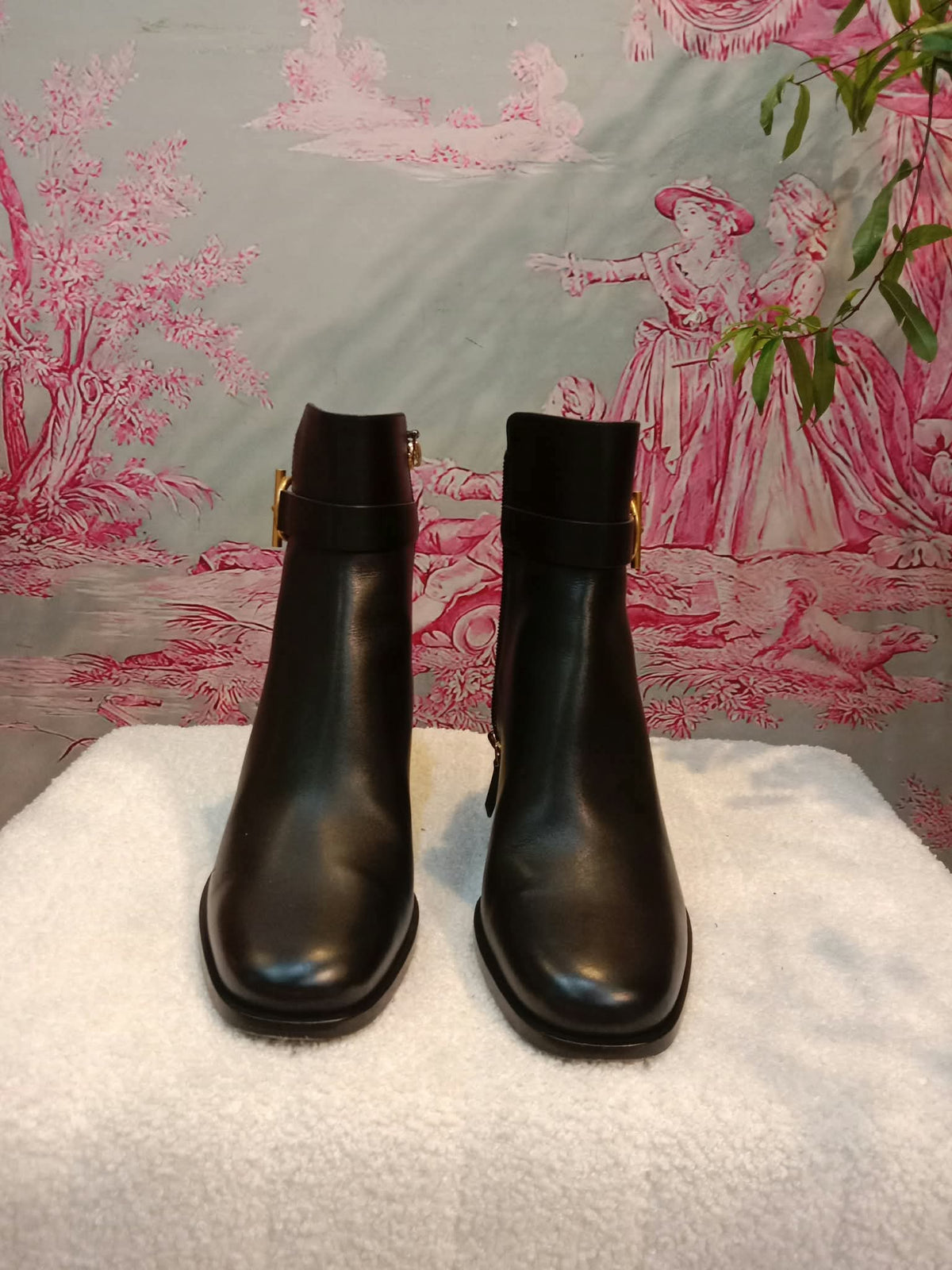 Hermes Jill 60 Ankle Boots Black Calfskin Aged Golden "Glenan" Nautical-Style Buckle Size 38.5