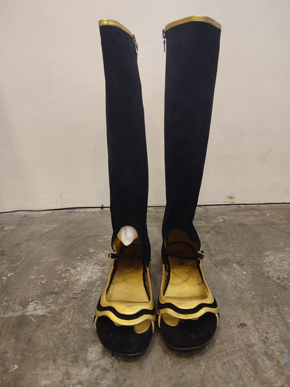 Prada Fairy SS2008 Suede Open-Toe Knee High Boots Black/Gold Size 38