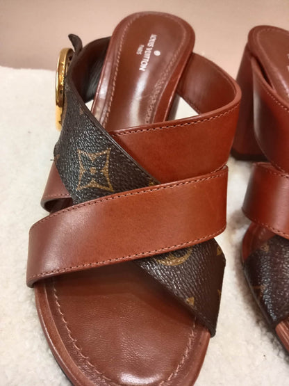 Louis Vuitton Horizon Block Heels Slide Sandals Monogram Leather Brown Size 36