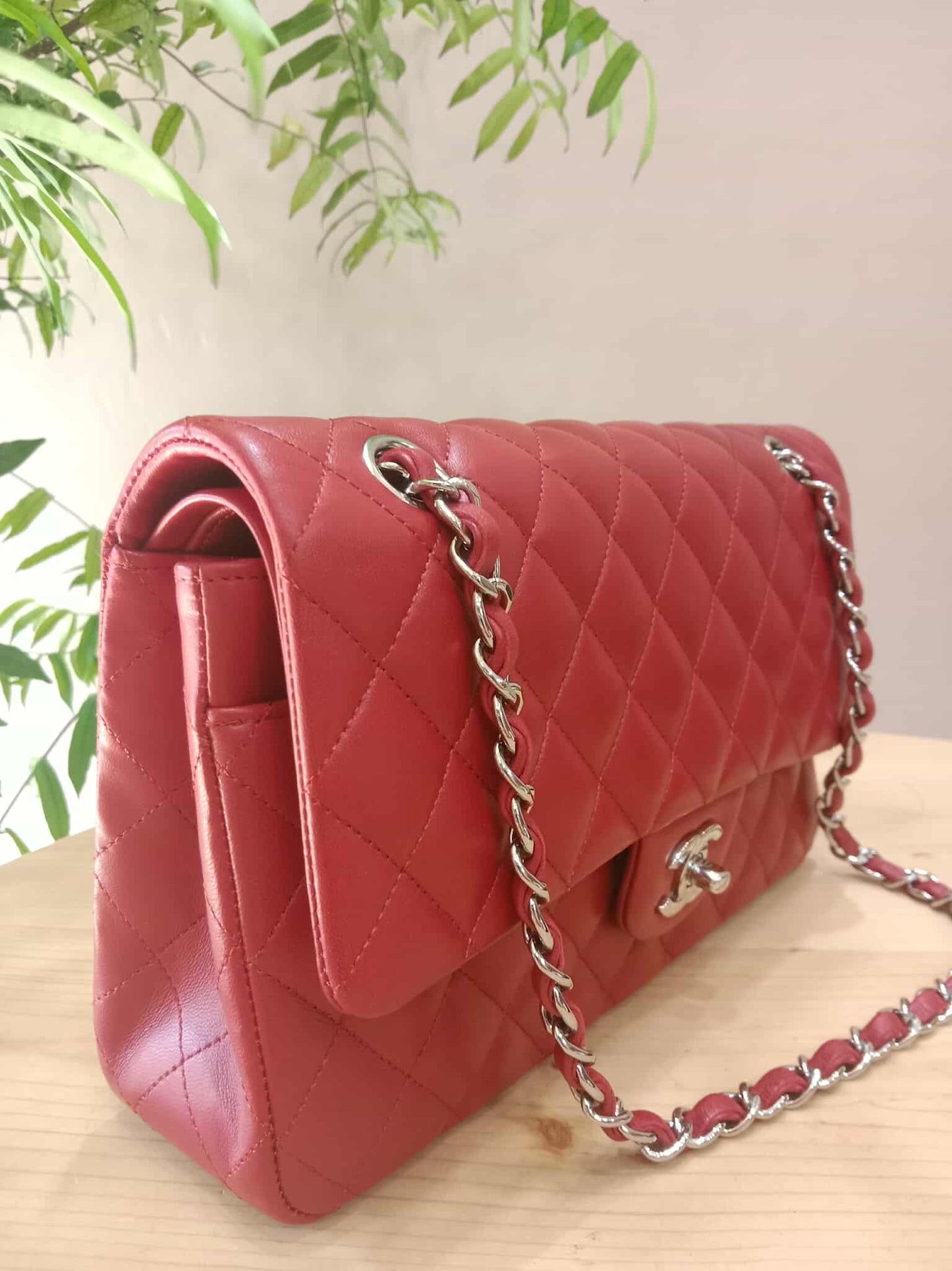Chanel Timeless Red Quilted Lambskin Classic Double Flap Medium Series 17