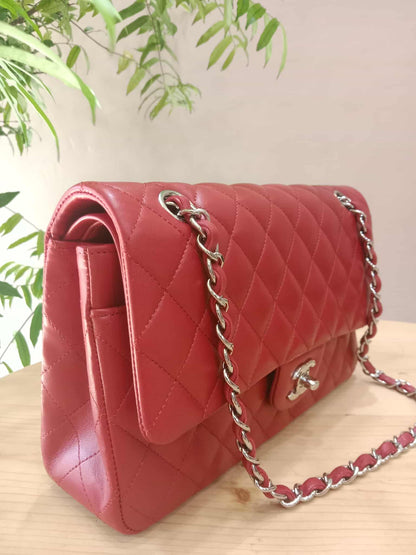 Chanel Timeless Red Quilted Lambskin Classic Double Flap Medium Series 17
