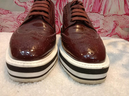 Prada Wingtip Brogue Derby Patent Platform Burgundy Size 37.5