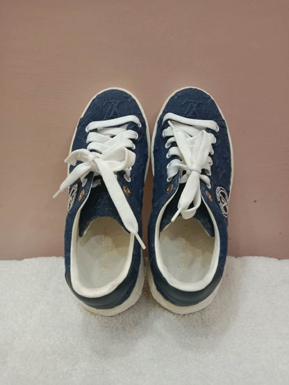 Louis Vuitton Time Out Sneakers Dark Blue Denim Monogram Embossed Pattern Size 37.5
