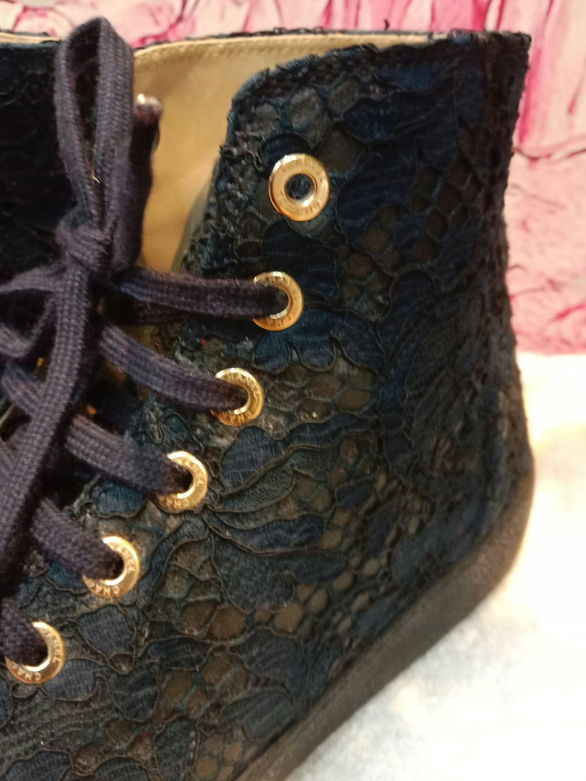 Chanel Navy Blue Floral Lace-Embossed Fabric Hih Top Sneakers Size 37 1/2
