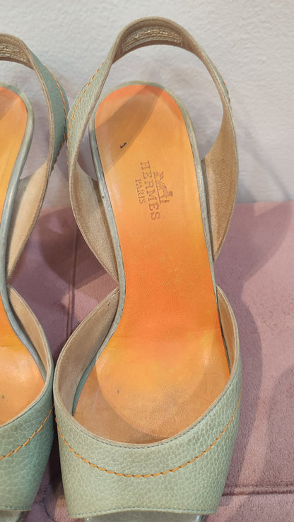 Hermes Peep Toe Slingback Heels Teal Size 36