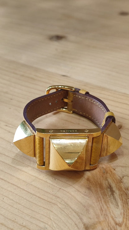 Hermes Vintage Gold Plated Medor Watch Epsom Yellow Stamp Y Circle 1995
